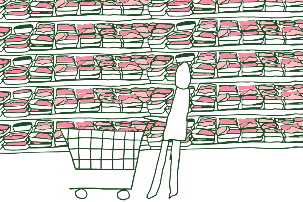 Een illustratie van een persoon die voor een enorm schap met vlees staat in de supermarkt.