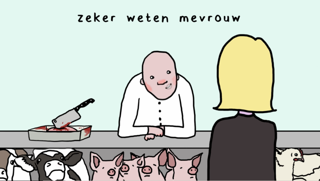Illustratie van slager met varkens, koeien en kippen en bloederig mes.